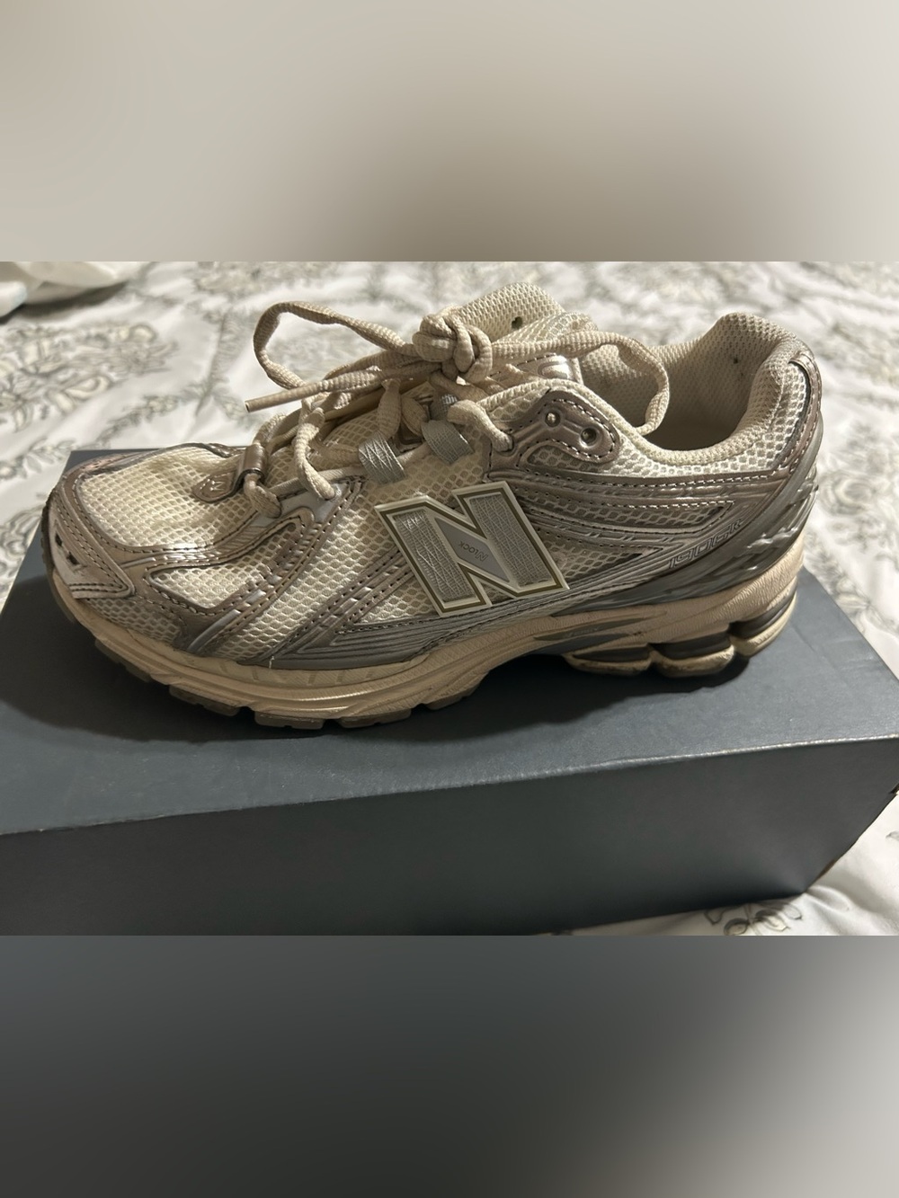 New Balance Women's Beige Mesh & Silver Accent Sneakers
